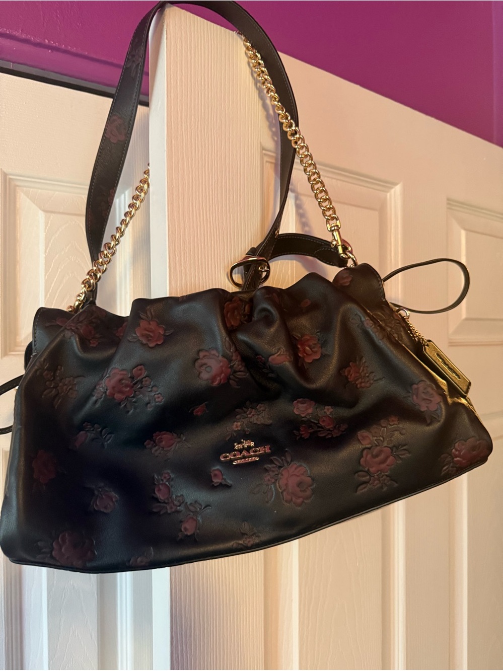 Coach Black Shoulder Bag with Dark Rose Floral Embossing and Gold Chain